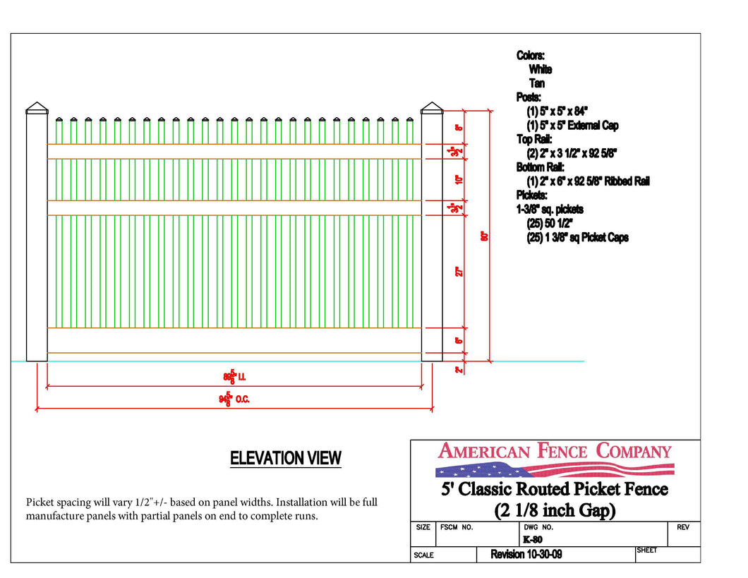 5' Classic Routed Picket Fence Panel, K-80