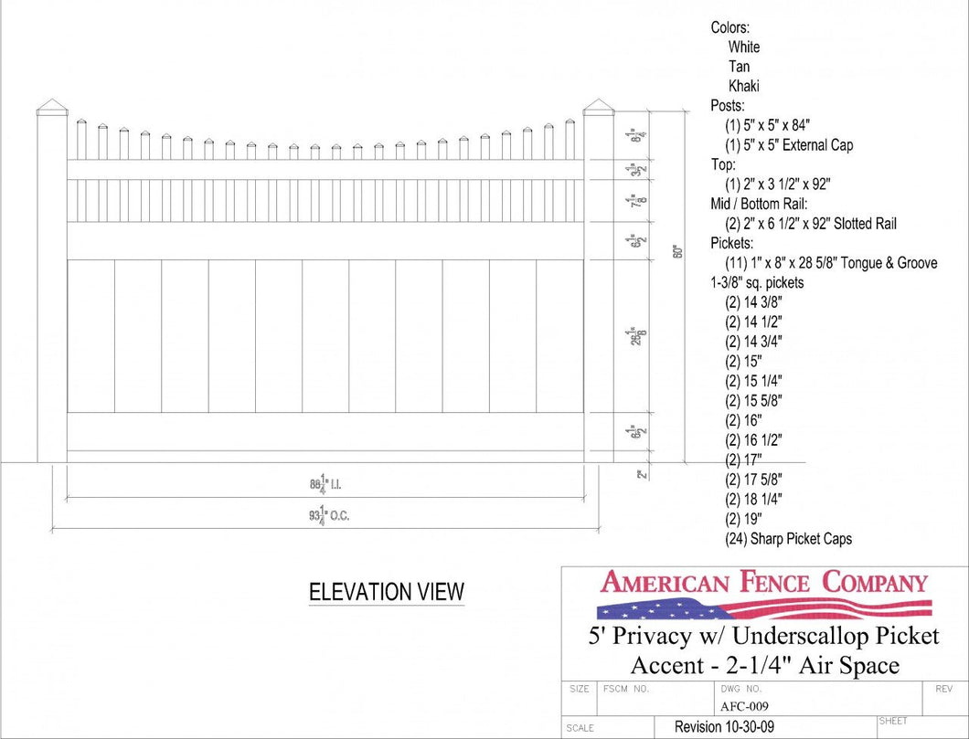 AFC-009   5' Tall x 8' Wide Privacy Fence with Underscallop Picket Accent with 2-1/4