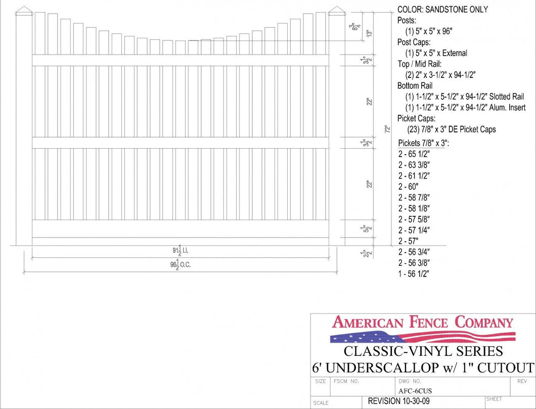 AFC6CUS   6' Tall x 8' Wide Underscallop Picket Fence with 1