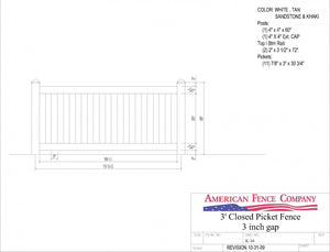K-16   3' Tall x 6' Wide Closed Picket Fence with 3" Air Space